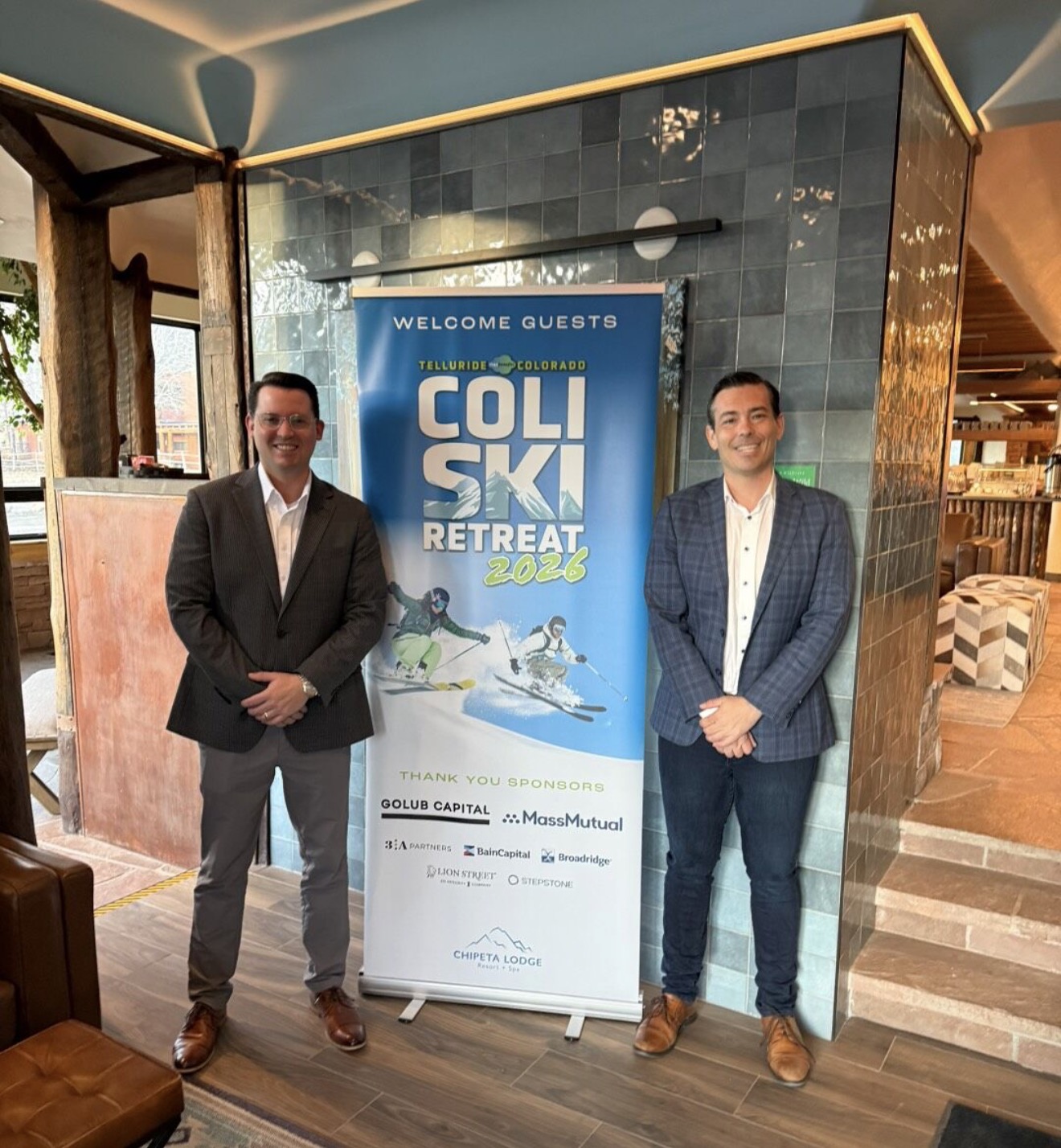 Alex Jones and Jake Valente at the 2026 COLI Ski Retreat in Ridgway, Colorado at Chipeta Lodge
