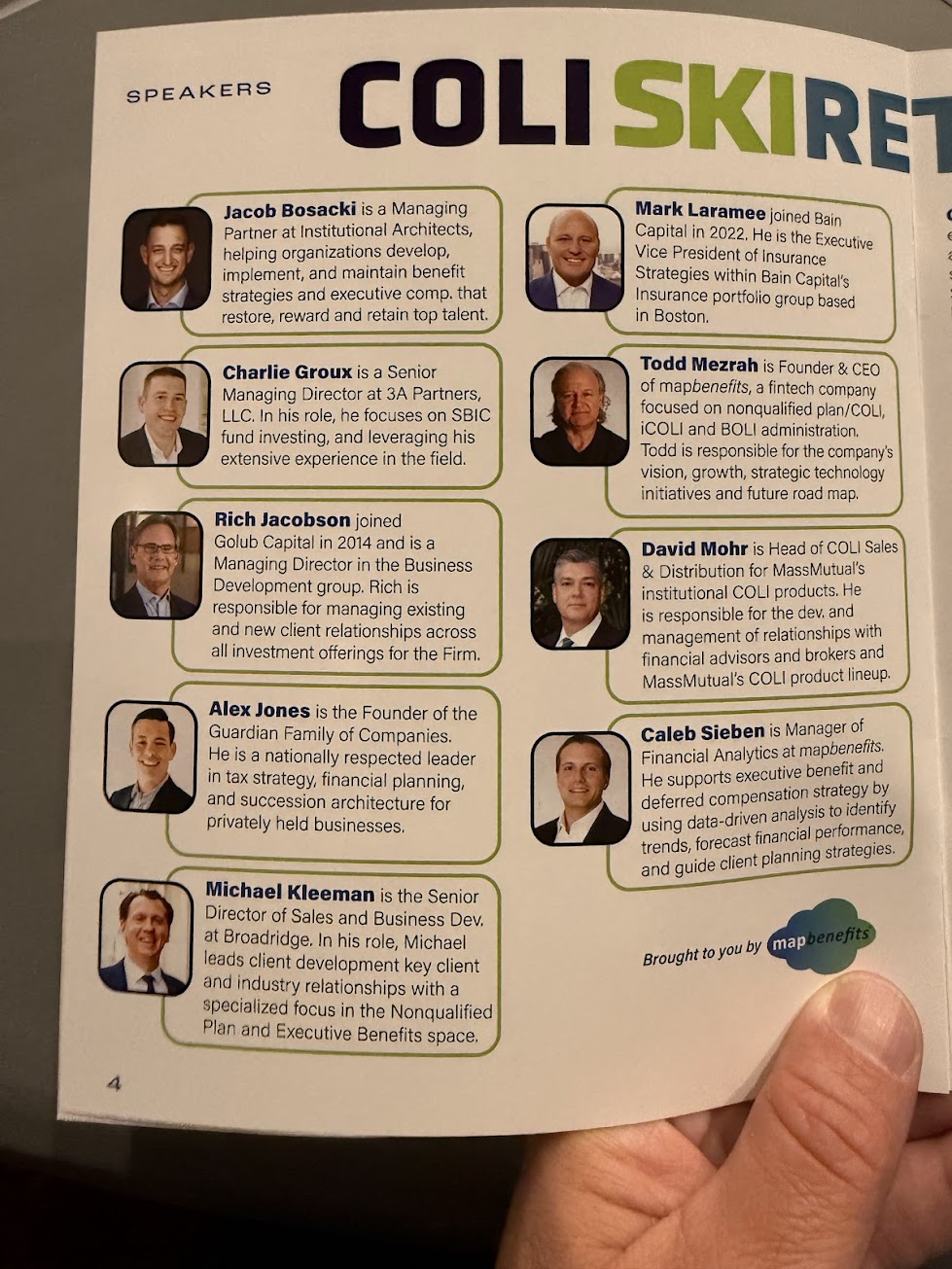 COLI Ski Retreat 2026 speakers list — Institutional Architects, mapbenefits, MassMutual, Bain Capital, Golub Capital, 3A Partners, Broadridge, Guardian Tax Consultants®